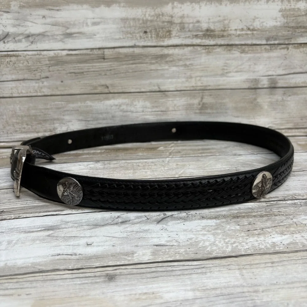 Onyx by Brighton Belt 36 Black VTG 1998 Western Golf Leather Concho Braided